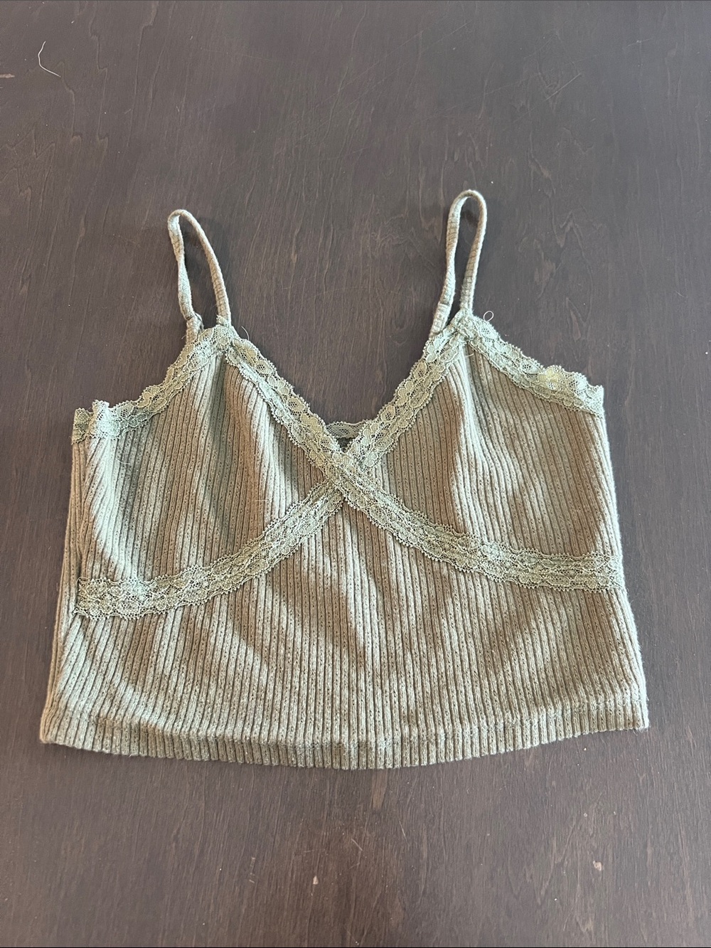 Aeropostale Olive Ribbed Lace-Trim Cropped Cami
